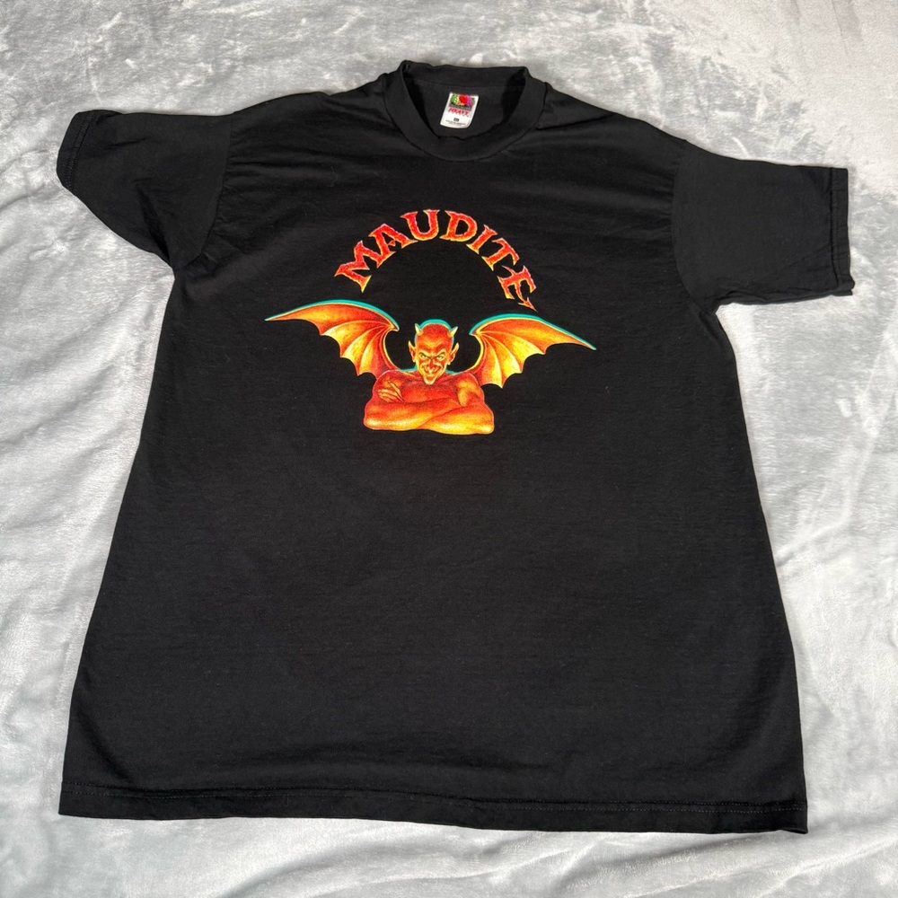 Vintage Maudite Belgian Beer T Shirt Mens XL Slim Fit Devil Logo Y2K